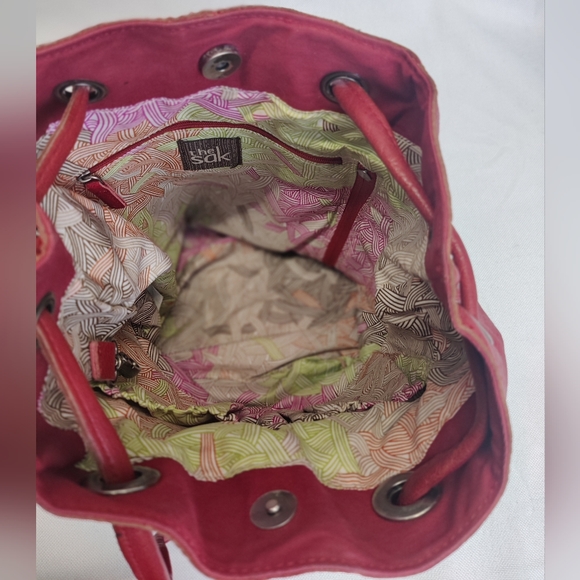 The Sak Red Leather Boho Hobo Backpack Tote Drawstring Purse Tons of Pockets - Picture 6 of 16